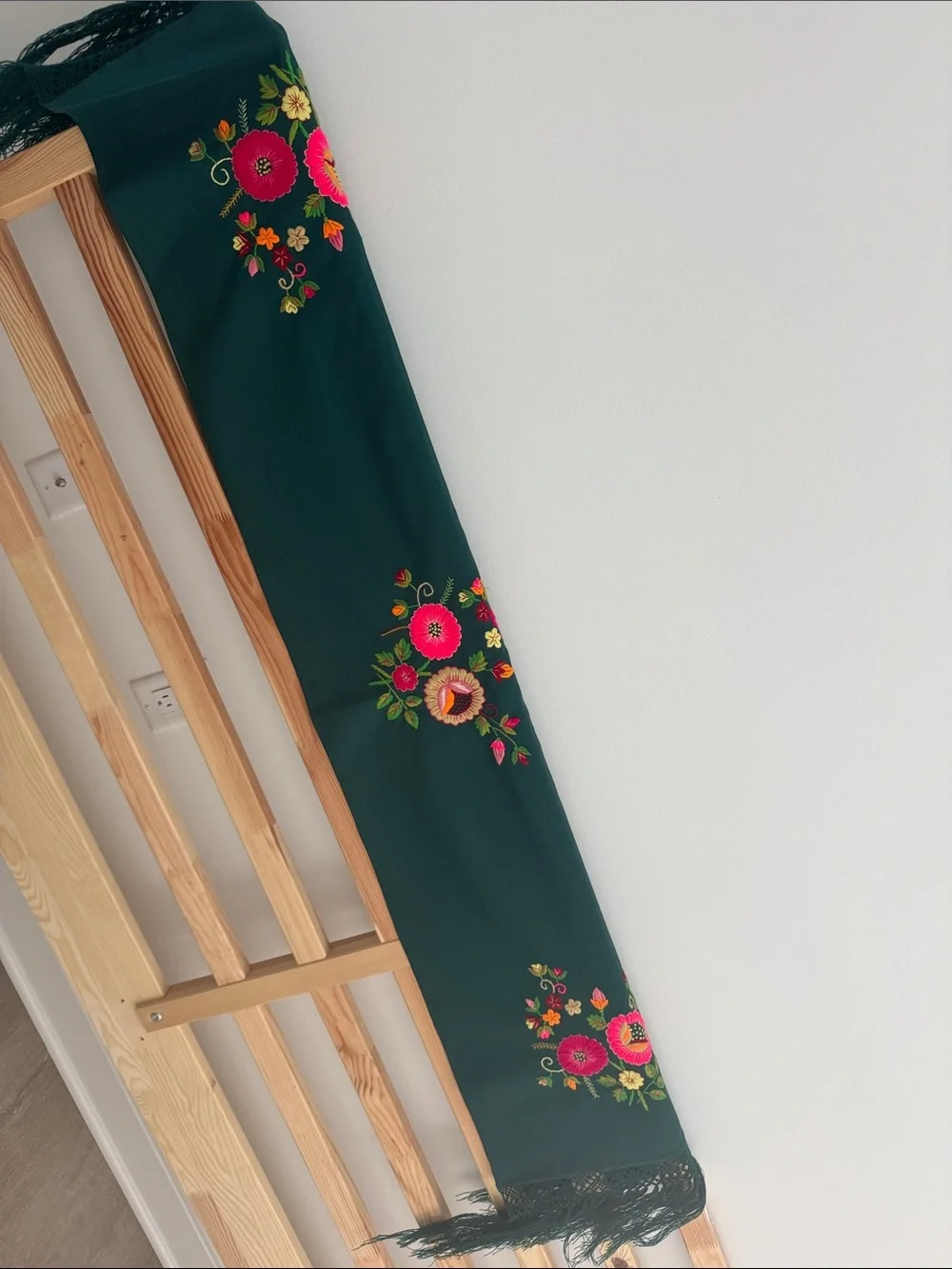 Hand Embroidered Mexican Rebozo Shawl Forest Green 3 Floral Motifs Fringe 70